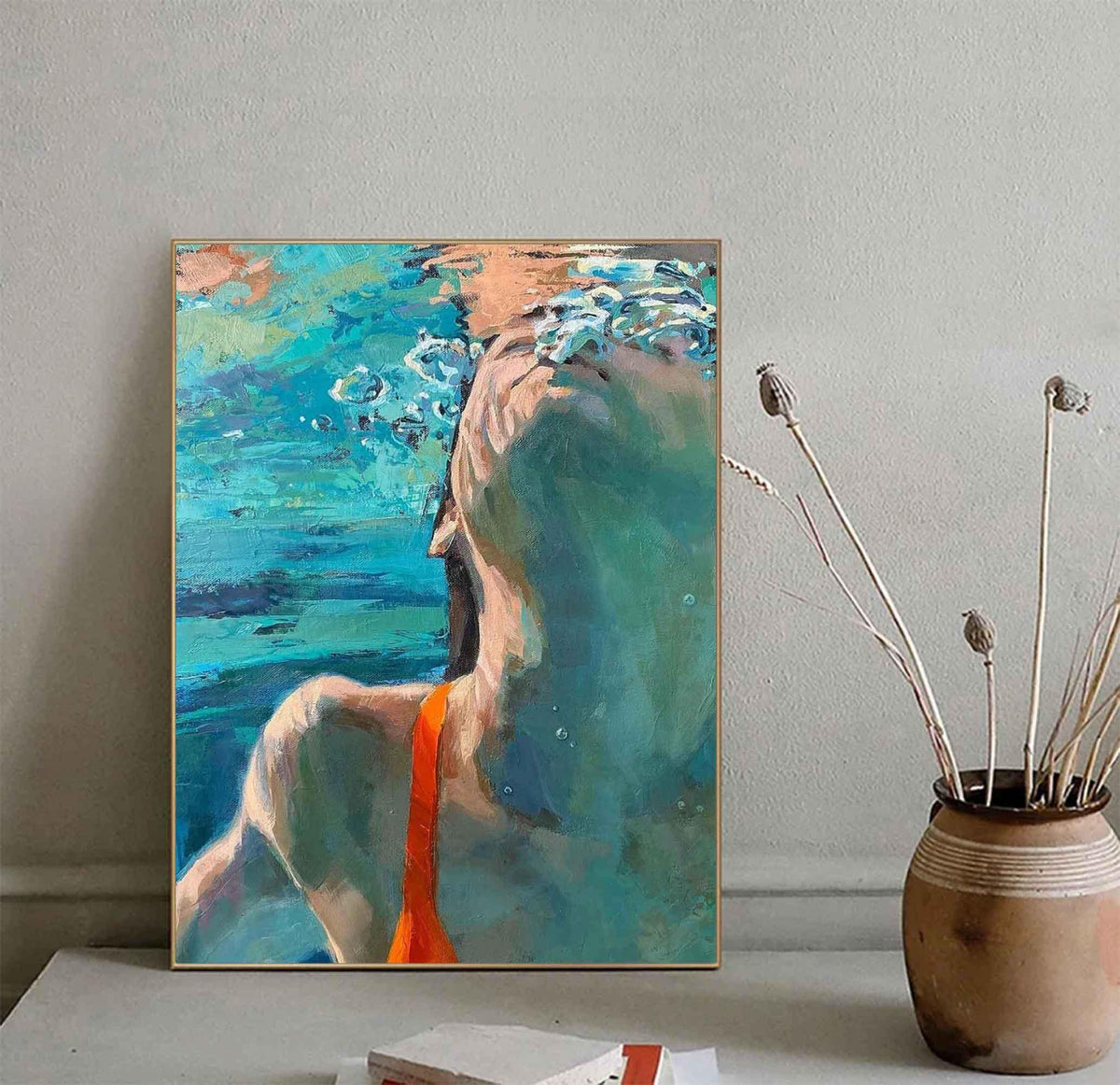 Underwater Swimmer Wall Art Blue Green Figure Canvas Painting for Bathroom Decor
