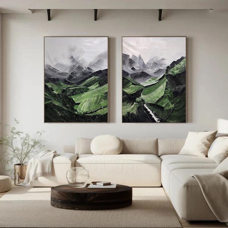 Set of 2 Green Mountain Abstract Paintings – Wall Art