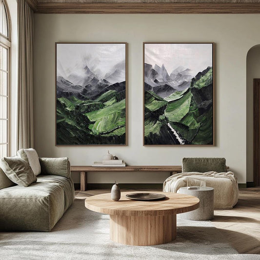 Set of 2 Green Mountain Abstract Paintings – Wall Art