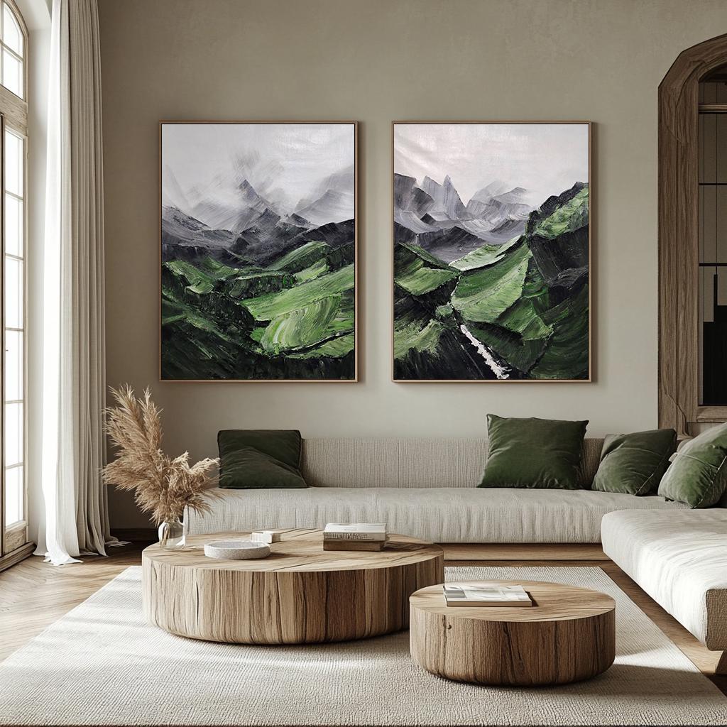 Set of 2 Green Mountain Abstract Paintings – Wall Art