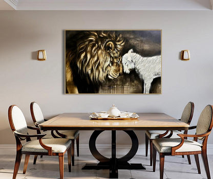Lion and Lamb Canvas Wall Art, Impressionist Lion and Lamb Oil Painting on Canvas, Christian Wall Art,Modern Animal Painting for Living Room