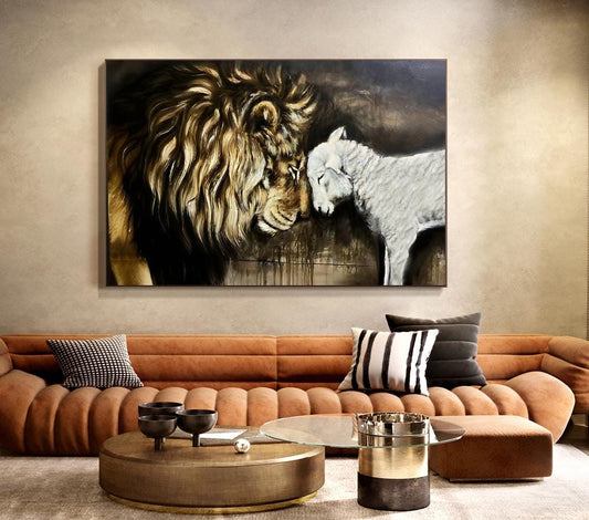 Lion and Lamb Canvas Wall Art, Impressionist Lion and Lamb Oil Painting on Canvas, Christian Wall Art,Modern Animal Painting for Living Room