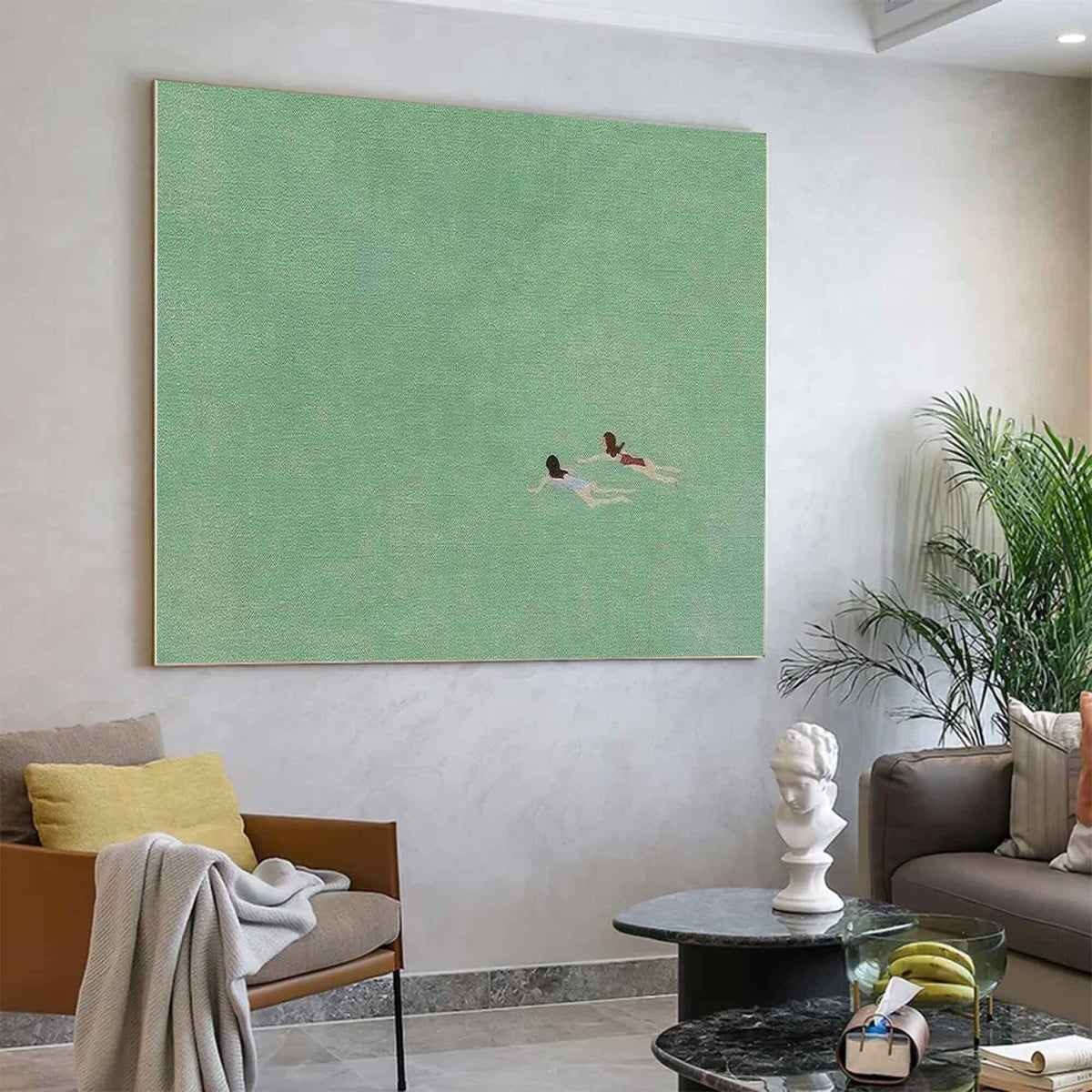 Swimmer Wall Art Green Ocean Minimalist Canvas Painting for Bathroom Decor