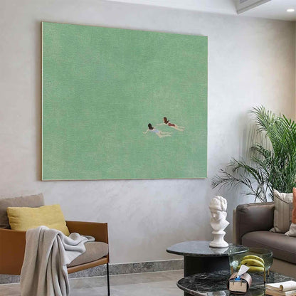 Swimmer Wall Art Green Ocean Minimalist Canvas Painting for Bathroom Decor