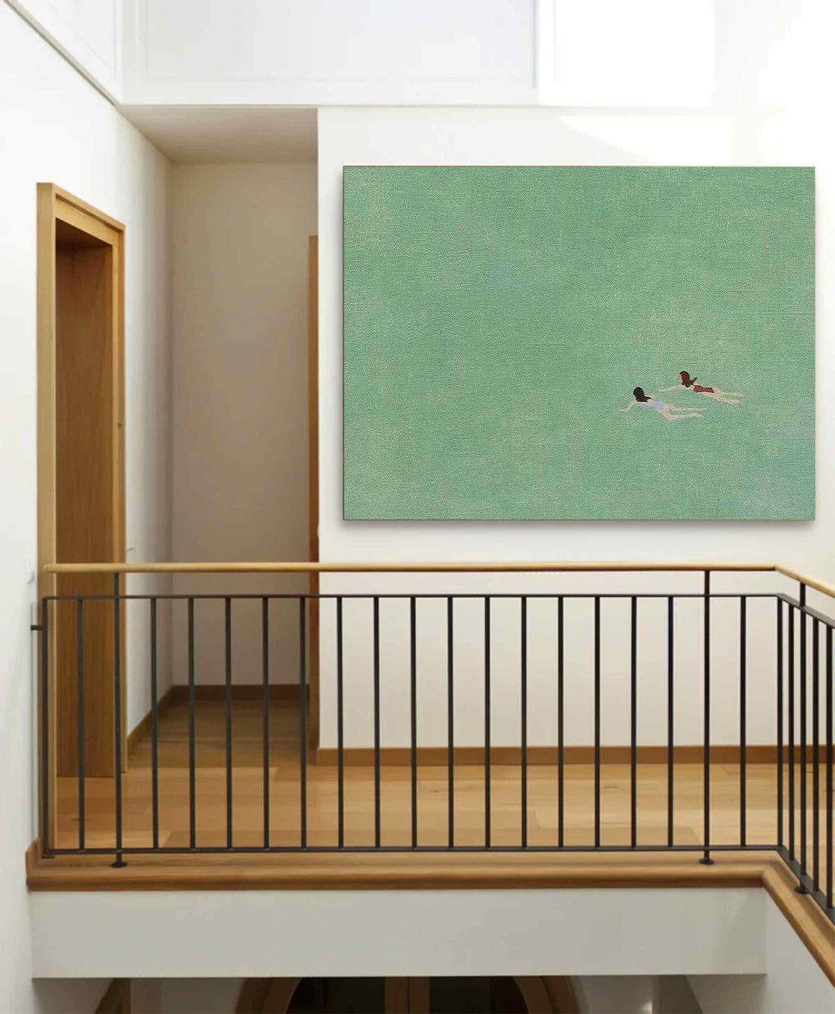 Swimmer Wall Art Green Ocean Minimalist Canvas Painting for Bathroom Decor