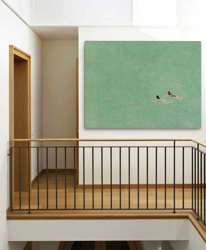 Swimmer Wall Art Green Ocean Minimalist Canvas Painting for Bathroom Decor