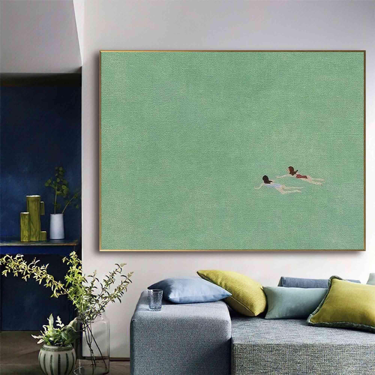 Swimmer Wall Art Green Ocean Minimalist Canvas Painting for Bathroom Decor