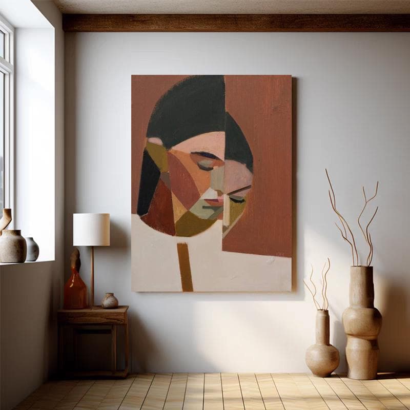 Large Abstract Lady Canvas Art, Hand-painted Woman Figure Oil Painting on Canvas, Modern Beige and Red Art for Living Room, Home Décor
