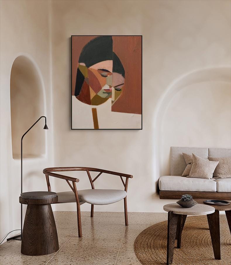 Large Abstract Lady Canvas Art, Hand-painted Woman Figure Oil Painting on Canvas, Modern Beige and Red Art for Living Room, Home Décor