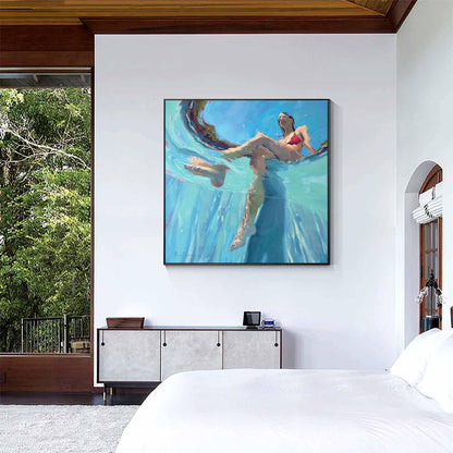 Underwater Swimmer Figure Wall Art Turquoise Blue Pool Canvas Painting for Modern Bathroom Decor