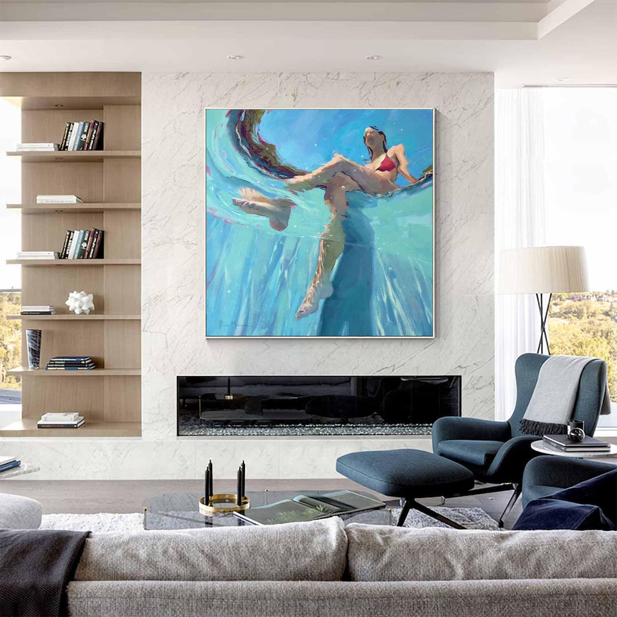 Underwater Swimmer Figure Wall Art Turquoise Blue Pool Canvas Painting for Modern Bathroom Decor