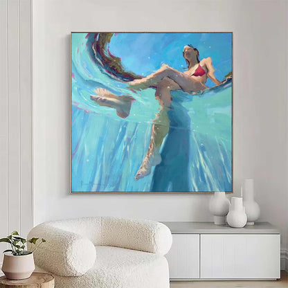 Underwater Swimmer Figure Wall Art Turquoise Blue Pool Canvas Painting for Modern Bathroom Decor