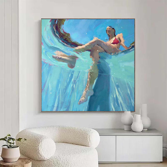 Underwater Swimmer Figure Wall Art Turquoise Blue Pool Canvas Painting for Modern Bathroom Decor