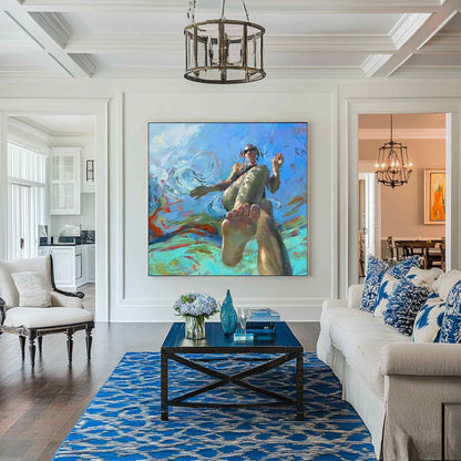Swimming Woman Wall Art Blue Abstract Figure Canvas Painting for Bathroom Living Room Decor