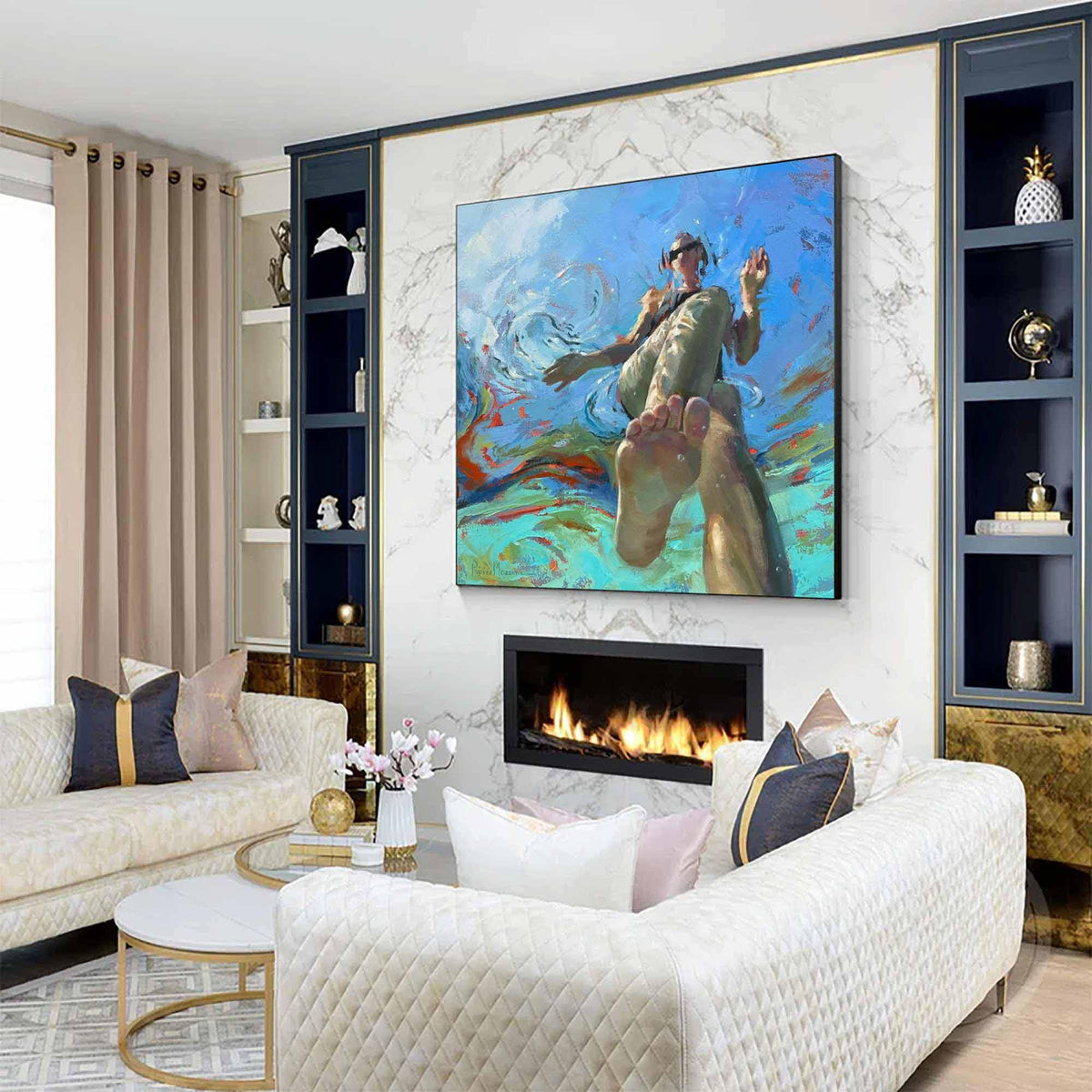 Swimming Woman Wall Art Blue Abstract Figure Canvas Painting for Bathroom Living Room Decor