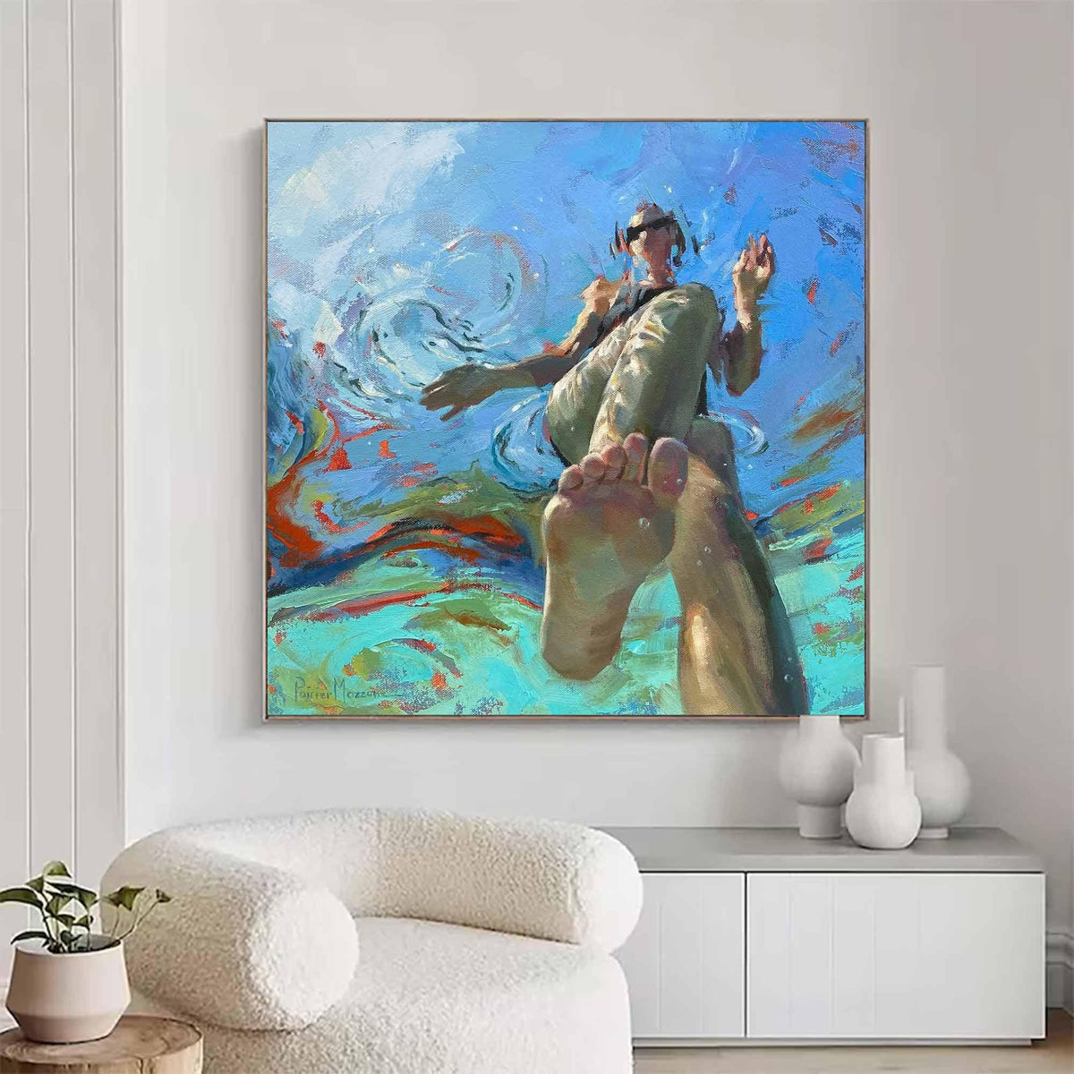 Swimming Woman Wall Art Blue Abstract Figure Canvas Painting for Bathroom Living Room Decor