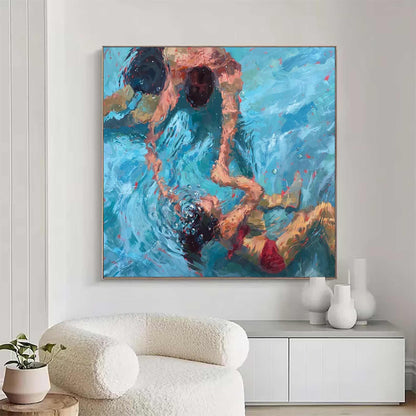 May include: A painting of three people swimming underwater in a pool. The water is a vibrant blue and the people are painted in a realistic style.