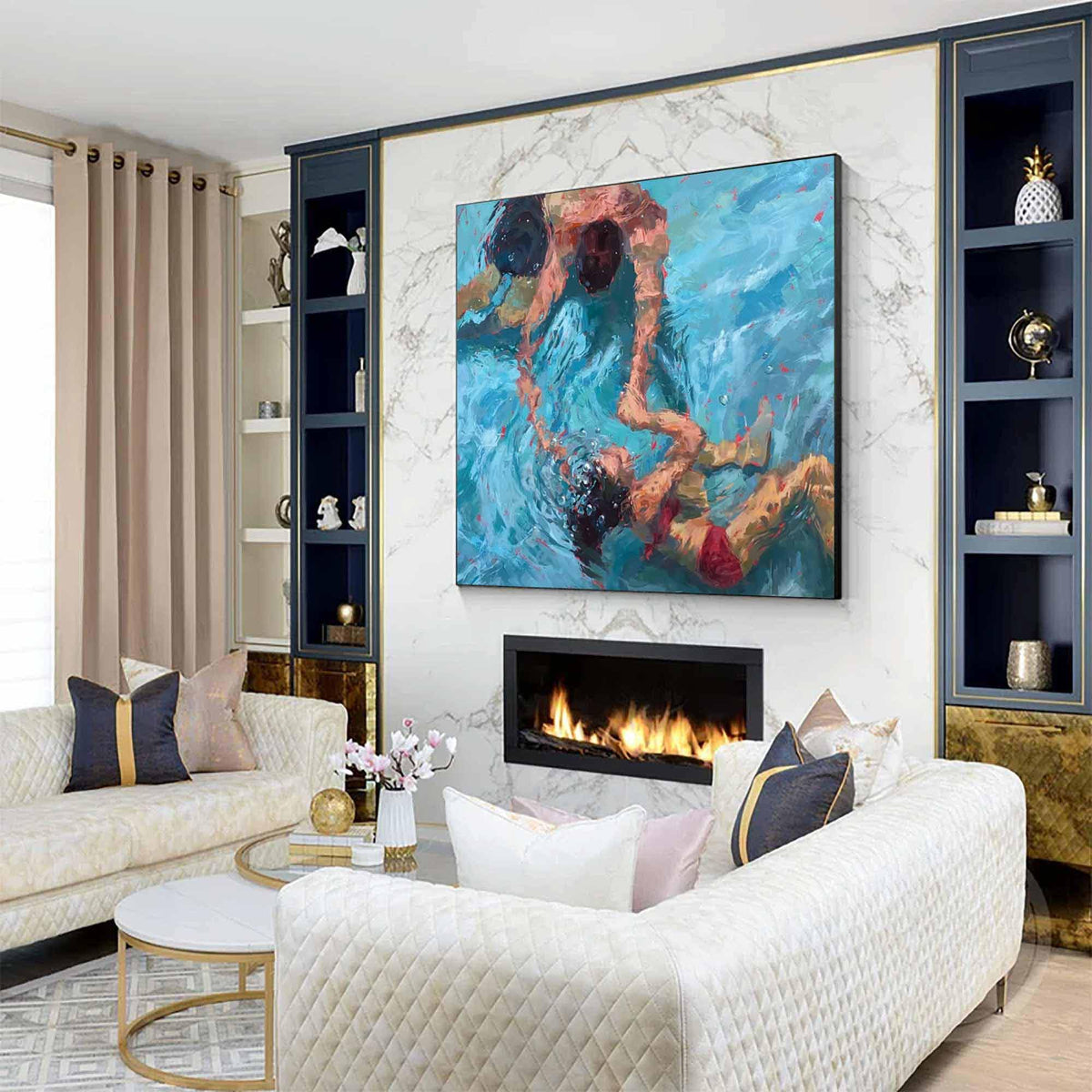 May include: A painting of three people swimming in a blue ocean. The painting is in a modern living room with a white fireplace and a white couch.