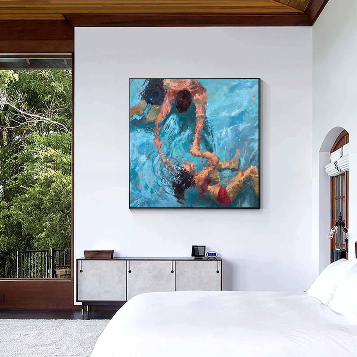 May include: A painting of three people swimming in a pool. The painting is done in a realistic style with a focus on the water and the swimmers' bodies. The colors are bright and vibrant, and the overall effect is one of energy and movement.