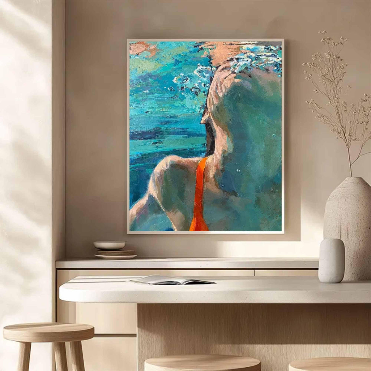 Underwater Swimmer Wall Art Blue Green Figure Canvas Painting for Bathroom Decor