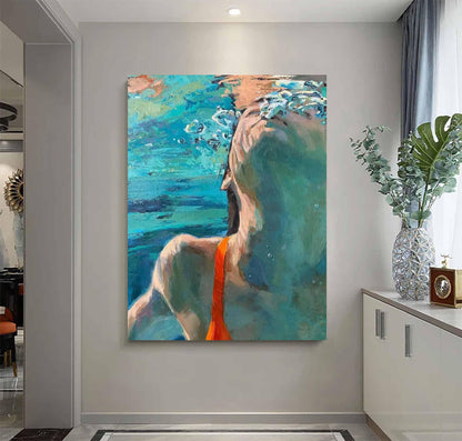 Underwater Swimmer Wall Art Blue Green Figure Canvas Painting for Bathroom Decor