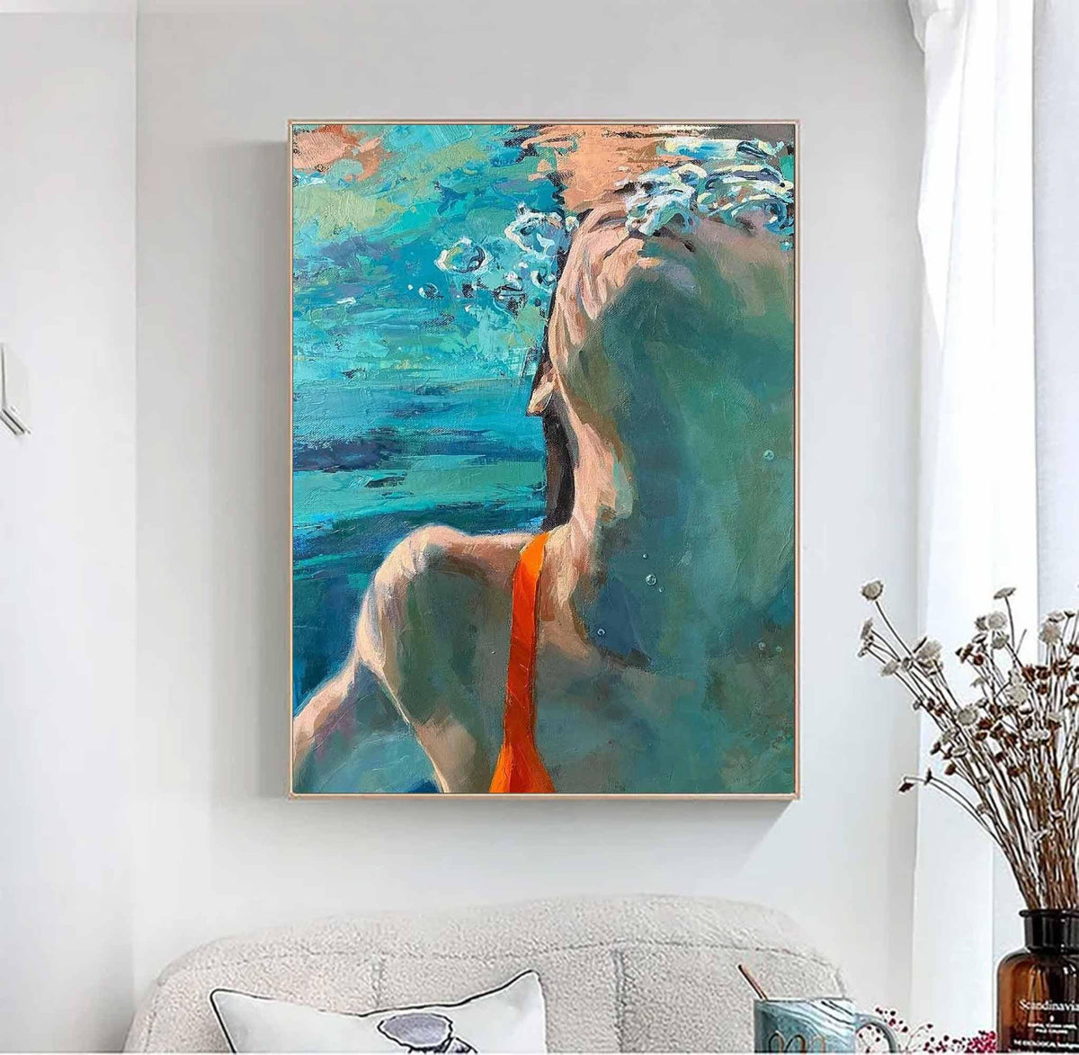 Underwater Swimmer Wall Art Blue Green Figure Canvas Painting for Bathroom Decor