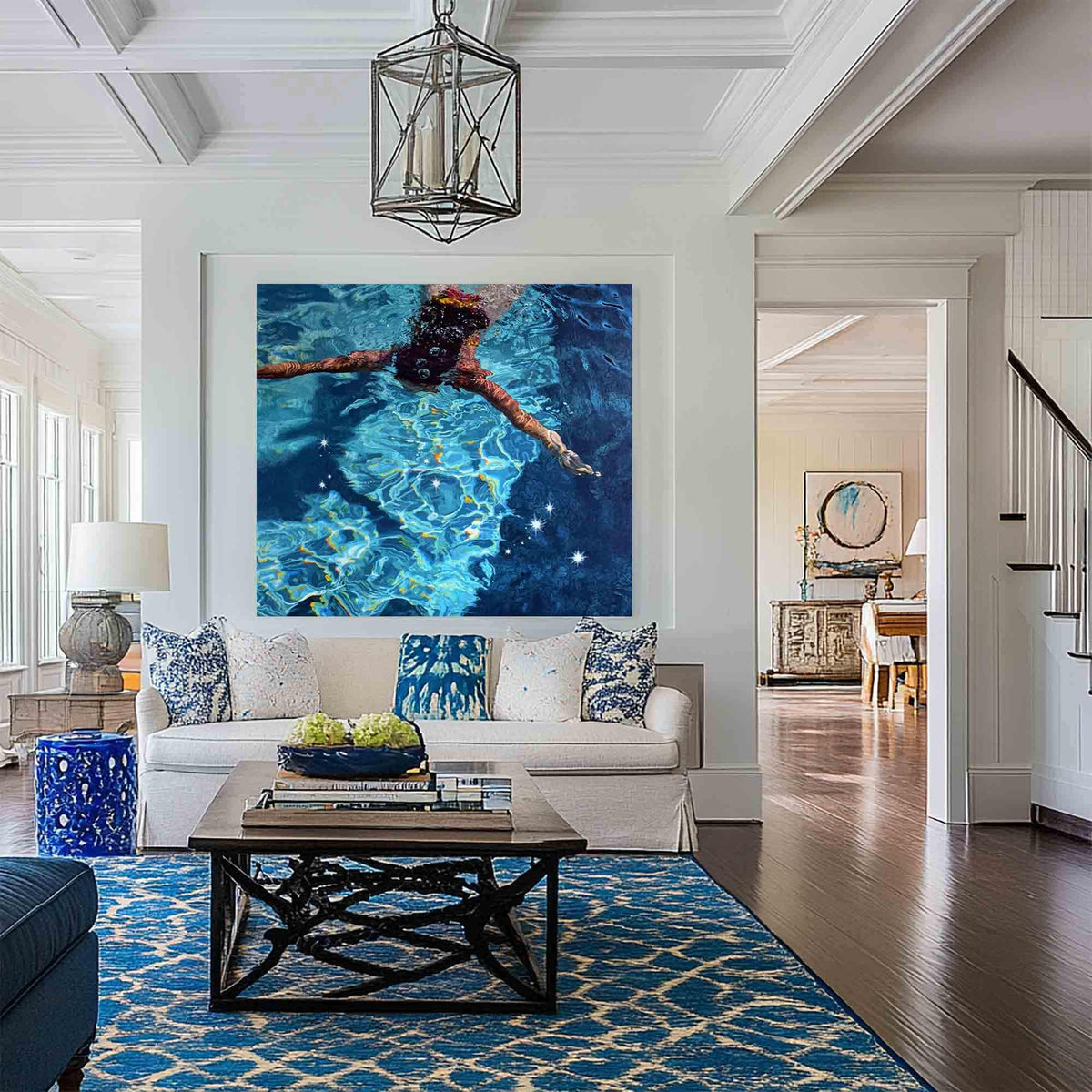 Diving Swimmer Wall Art Deep Blue Pool Textured Canvas Painting for Coastal Bathroom Decor