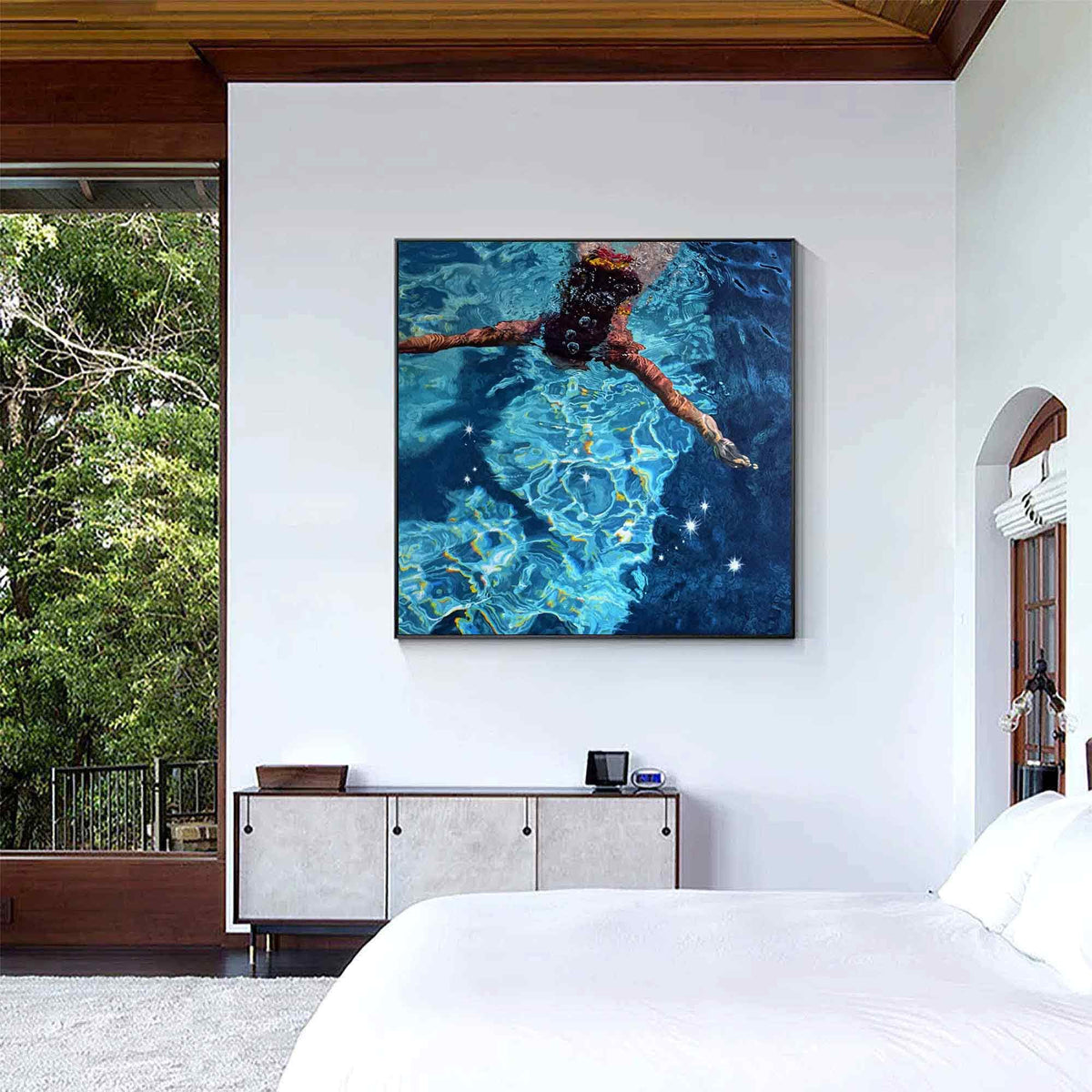 Diving Swimmer Wall Art Deep Blue Pool Textured Canvas Painting for Coastal Bathroom Decor