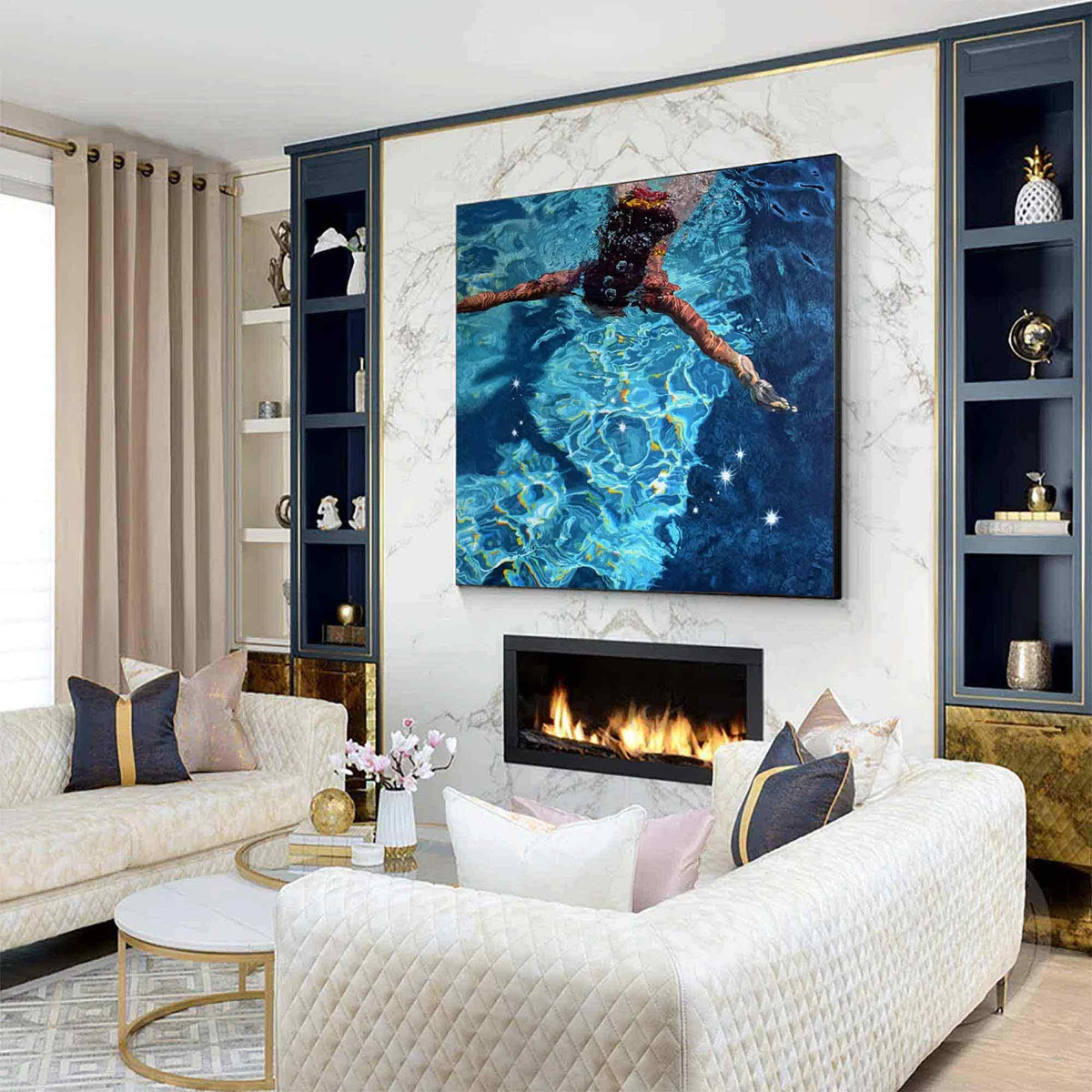 Diving Swimmer Wall Art Deep Blue Pool Textured Canvas Painting for Coastal Bathroom Decor