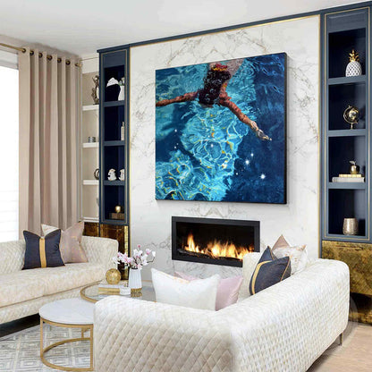 Diving Swimmer Wall Art Deep Blue Pool Textured Canvas Painting for Coastal Bathroom Decor
