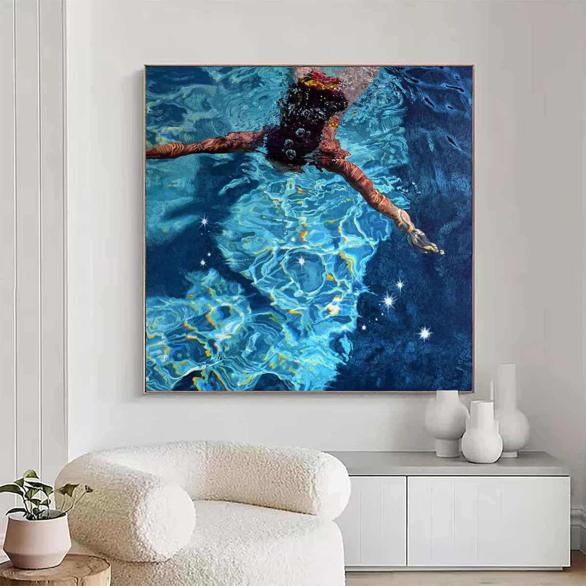 Diving Swimmer Wall Art Deep Blue Pool Textured Canvas Painting for Coastal Bathroom Decor