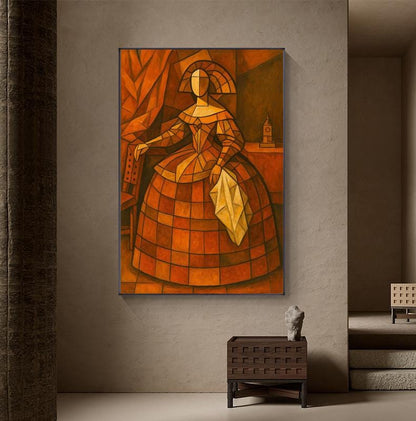 May include: Abstract painting of a woman in a dress, rendered in shades of orange and brown. The artwork features geometric shapes and lines, creating a cubist style. The woman is holding a fan and seated near a chair.