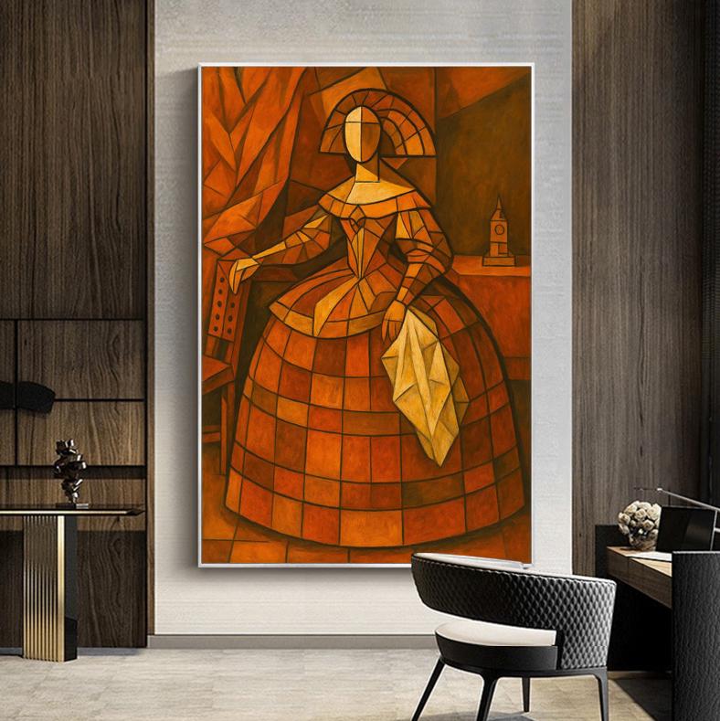 May include: Abstract painting of a woman in a large dress, rendered in geometric shapes and warm orange and brown tones. The artwork features a figure holding a handkerchief, with a chair and a small building in the background. The painting is framed in white.