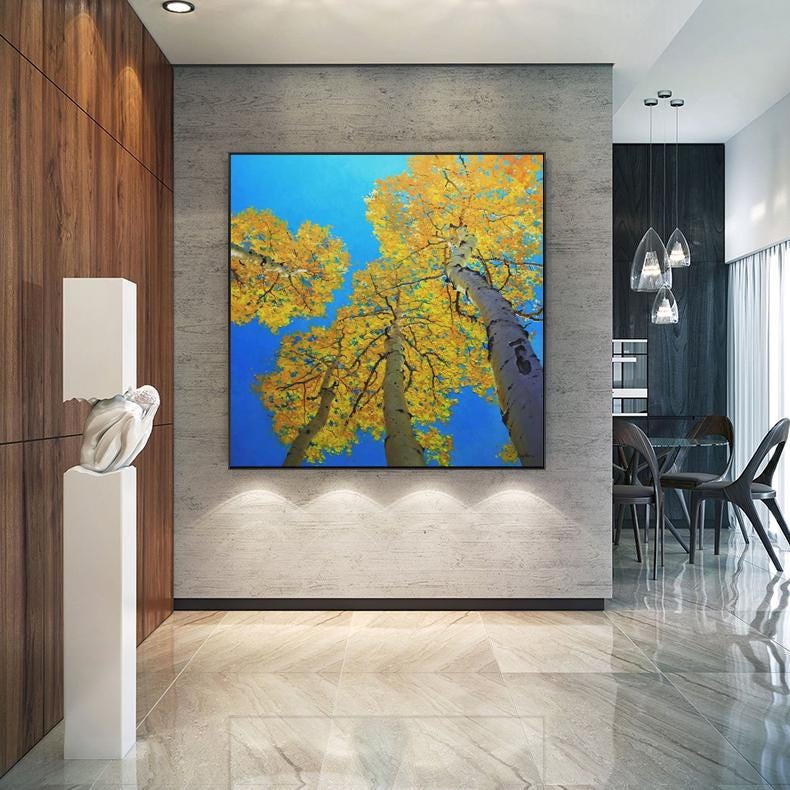 Abstract Birch Canvas Wall Art, Large Original Trees Oil Painting on Canvas, Modern Autumn Landscape Wall Art for Living Room, Bedroom Décor