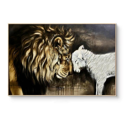 Lion and Lamb Canvas Wall Art, Impressionist Lion and Lamb Oil Painting on Canvas, Christian Wall Art,Modern Animal Painting for Living Room