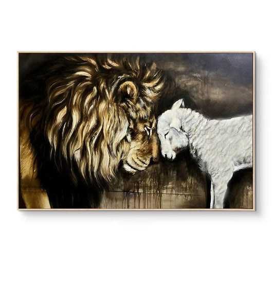 Lion and Lamb Canvas Wall Art, Impressionist Lion and Lamb Oil Painting on Canvas, Christian Wall Art,Modern Animal Painting for Living Room