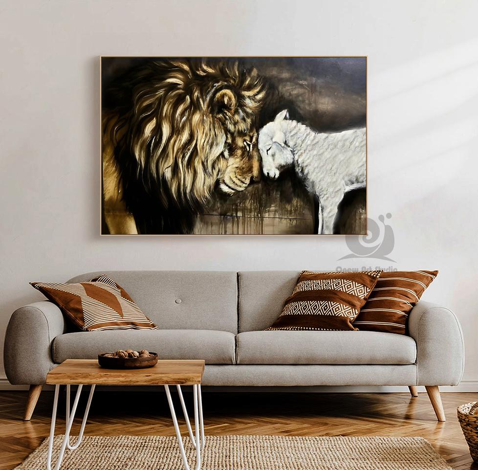 Lion and Lamb Canvas Wall Art, Impressionist Lion and Lamb Oil Painting on Canvas, Christian Wall Art,Modern Animal Painting for Living Room