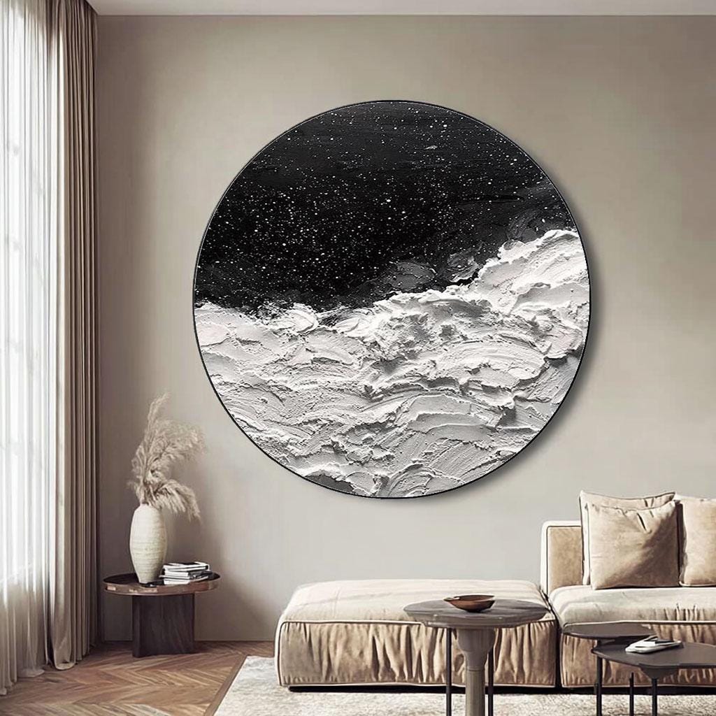 Black and White Circle Abstract Painting – Textured Wall Art