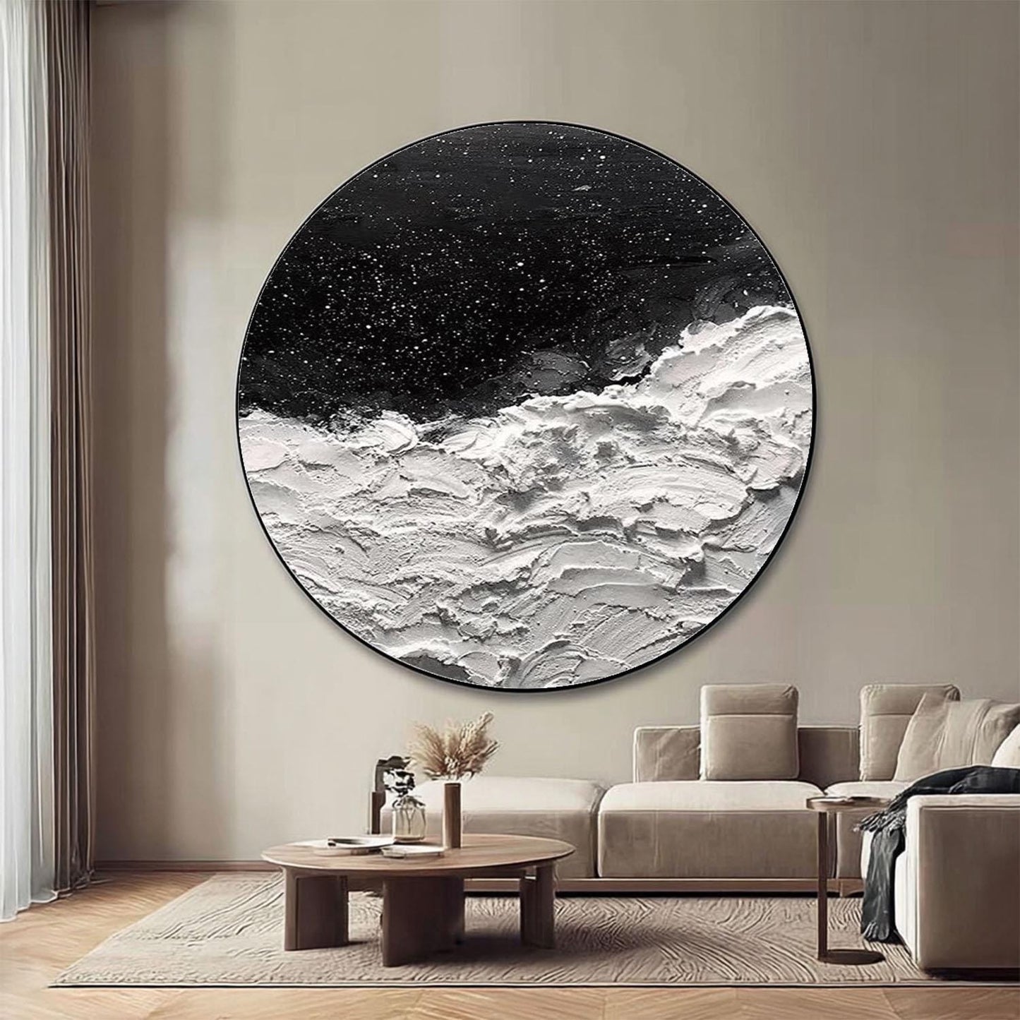 Black and White Circle Abstract Painting – Textured Wall Art
