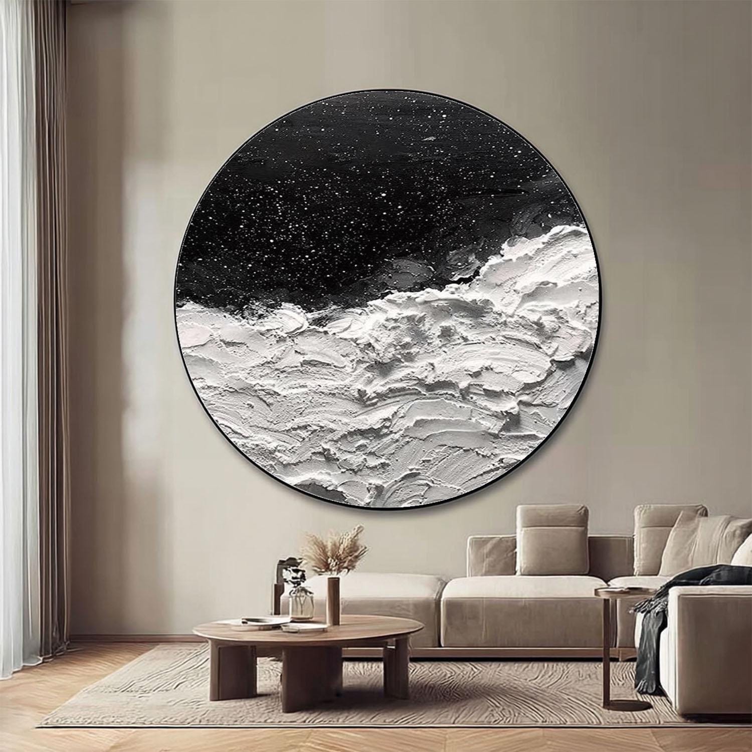Black and White Circle Abstract Painting – Textured Wall Art