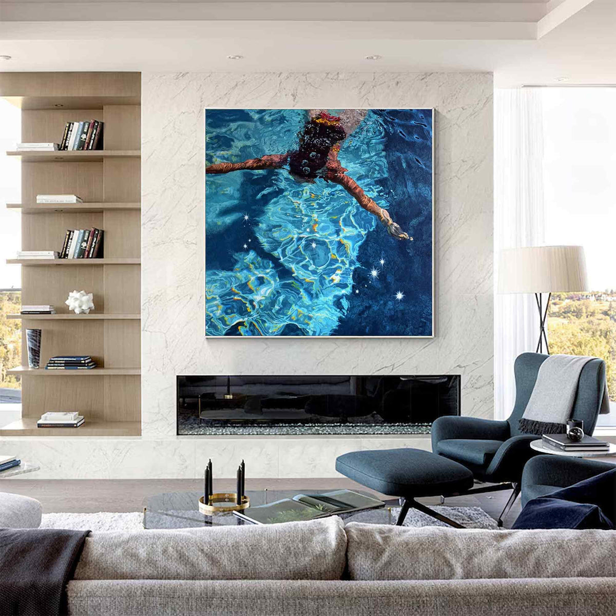 Diving Swimmer Wall Art Deep Blue Pool Textured Canvas Painting for Coastal Bathroom Decor