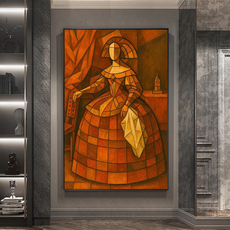 May include: Abstract painting of a woman in a checkered orange dress, holding a yellow cloth. The artwork features geometric shapes and warm colors, with a backdrop of a curtain and a small table with a clock.