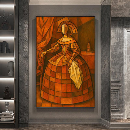 May include: Abstract painting of a woman in a checkered orange dress, holding a yellow cloth. The artwork features geometric shapes and warm colors, with a backdrop of a curtain and a small table with a clock.