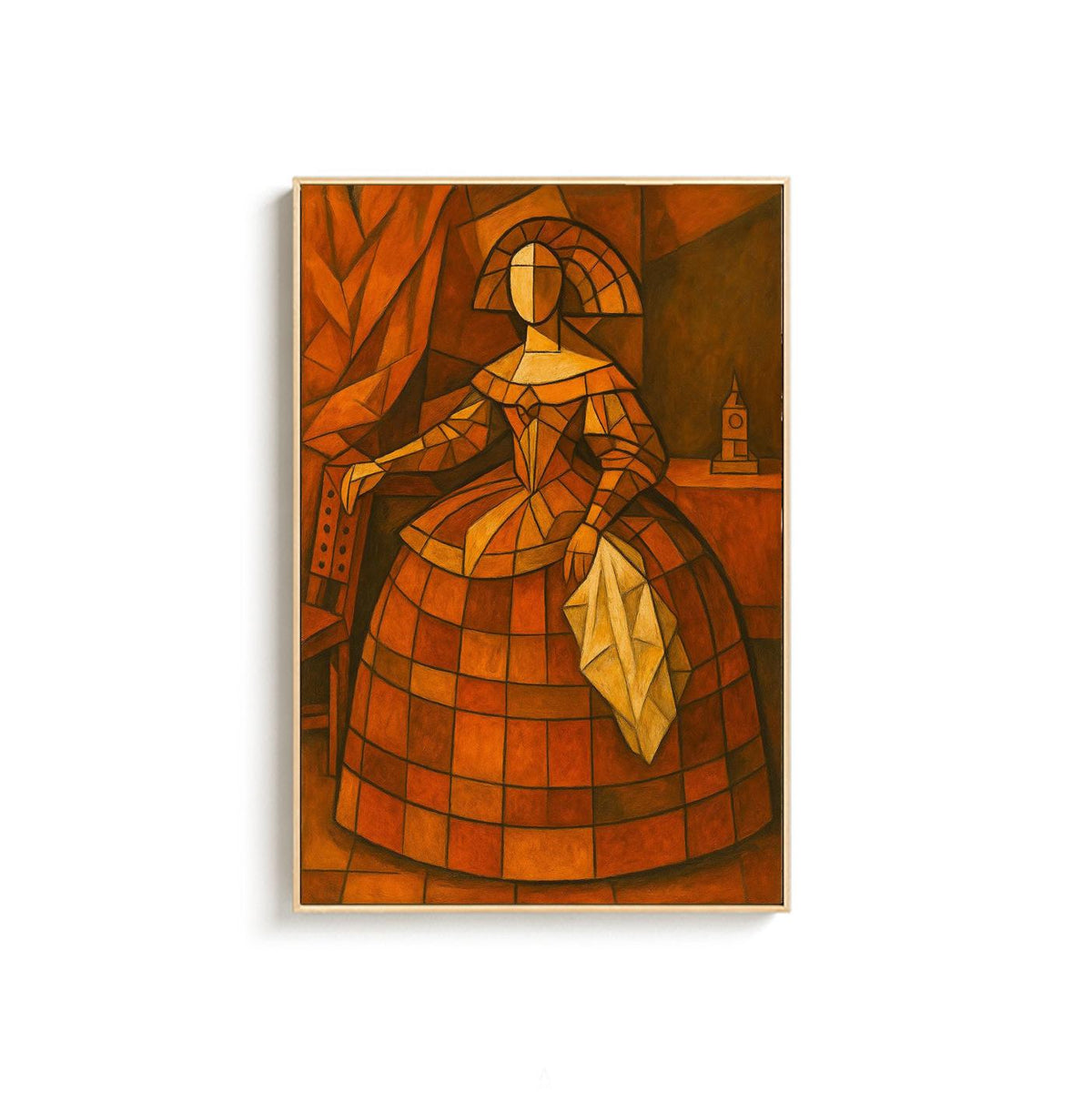 May include: A framed abstract painting of a woman in a dress, rendered in geometric shapes and warm orange and brown tones. The artwork depicts a figure seated, holding a fan, with a backdrop of drapery and furniture. The painting is in a wooden frame.