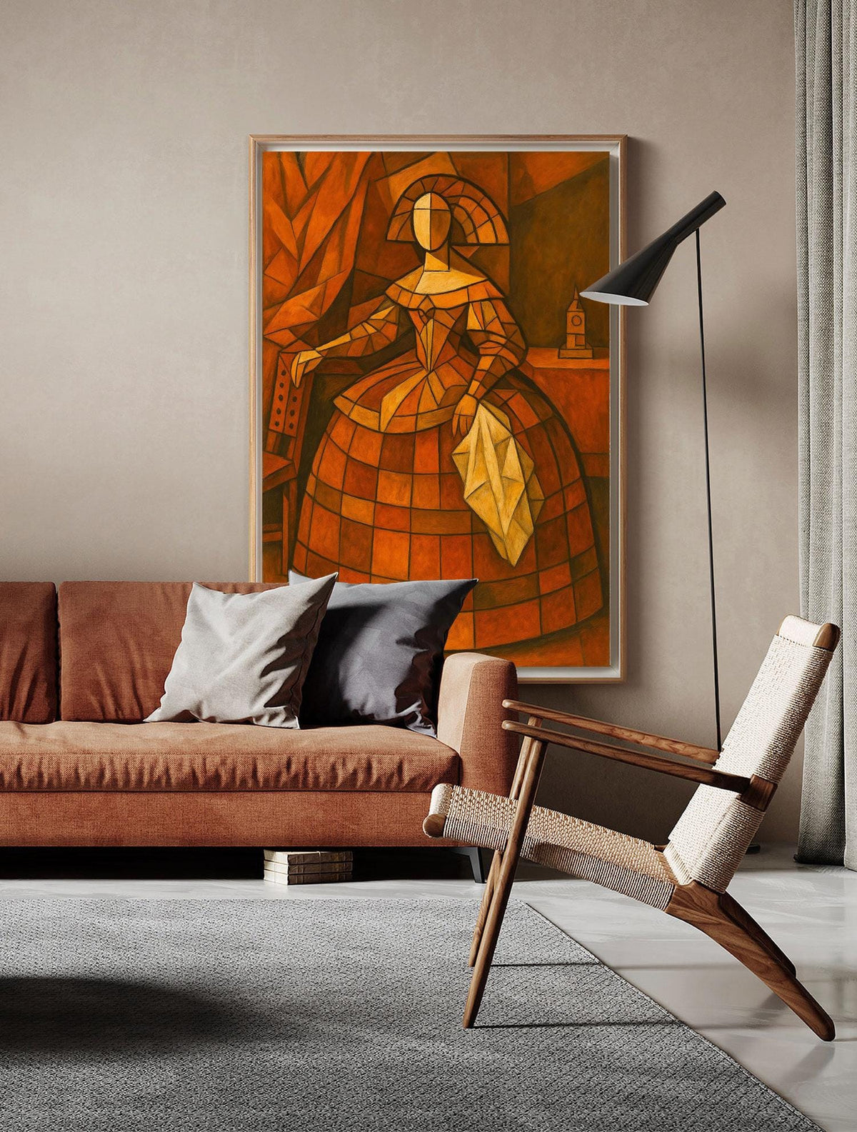 May include: An abstract painting of a woman in a dress, rendered in shades of orange and brown, hangs on a wall. A brown sofa with gray pillows sits below the artwork. A modern black floor lamp and a wooden chair complete the room.