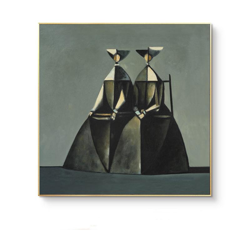 May include: Abstract painting featuring two figures in dark robes and geometric hats. The figures are seated, with one figure on a chair. The artwork uses a muted color palette of gray, black, and gold, framed in a gold border.
