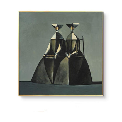 May include: Abstract painting featuring two figures in dark robes and geometric hats. The figures are seated, with one figure on a chair. The artwork uses a muted color palette of gray, black, and gold, framed in a gold border.