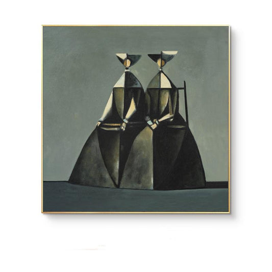 May include: Abstract painting featuring two figures in dark robes and geometric hats. The figures are seated, with one figure on a chair. The artwork uses a muted color palette of gray, black, and gold, framed in a gold border.