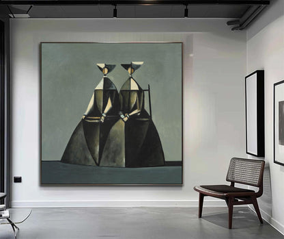 May include: Large abstract painting featuring two figures in geometric forms, primarily in shades of black, white, and olive green. The figures are depicted against a muted gray background, creating a minimalist and modern aesthetic. The artwork is framed and mounted on a wall.
