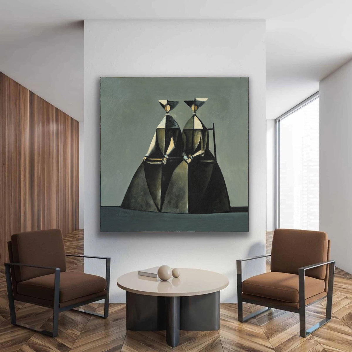 May include: Abstract painting featuring two figures in long, dark dresses and geometric hats. The figures are set against a muted green background. The artwork is displayed in a modern interior setting with brown chairs and a round coffee table.